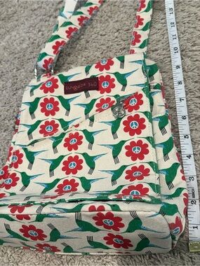 bungalow 360 Cream Crossbody Bag with Red Flowers & Green Hummingbirds